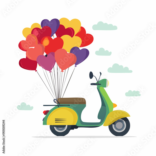 A green and yellow scooter delivering a large bunch of colorful heart-shaped balloons.