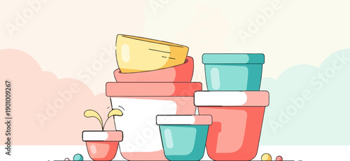 A whimsical stack of colorful flower pots with a small sprout