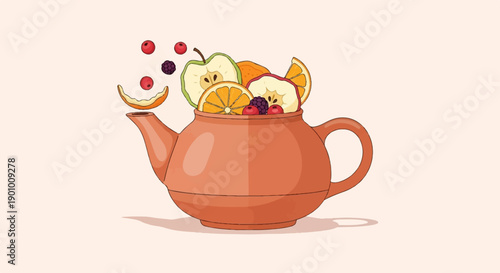 A terracotta teapot overflows with sliced fruits and berries