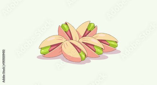 A whimsical illustration depicts a cluster of shelled pistachios, their vibrant green kernels peeking out