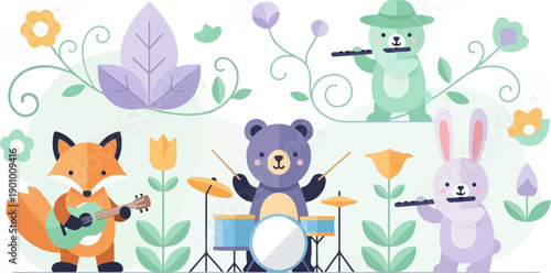 A whimsical forest band plays instruments surrounded by stylized flora