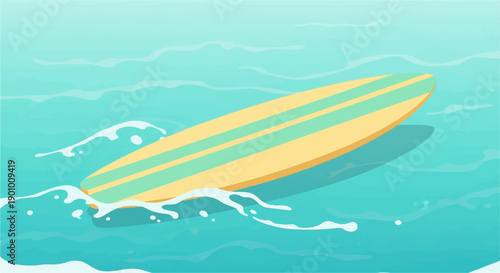 A yellow and teal surfboard floats on turquoise water with white foamy waves