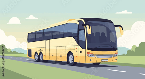 A yellow bus travels down a road with trees and clouds in the background