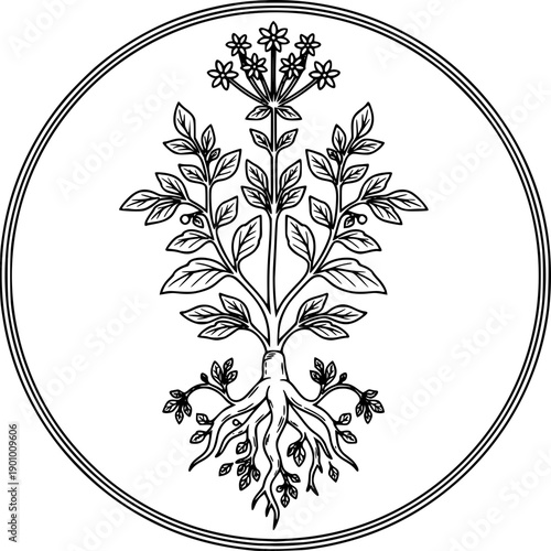 Decorative botanical vector illustration featuring a symmetrical flowering plant with detailed roots, leaves, and blooming flowers in elegant black and white line art