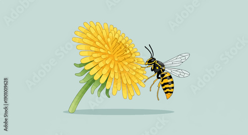 A yellow wasp hovers near a bright yellow dandelion flower