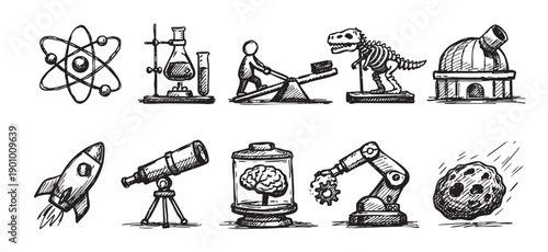 Hand-drawn vector illustration featuring science, technology, and space exploration icons. Perfect for illustrating STEM education, research, innovation, and futuristic concepts with a playful style.