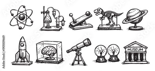 Hand-drawn vector illustration of science and historical artifacts. Includes telescope, dinosaur skeleton, planet, and more. Great for education, science, or history themes.