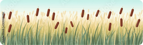 A watercolor illustration of reeds and cattails against a pale blue sky