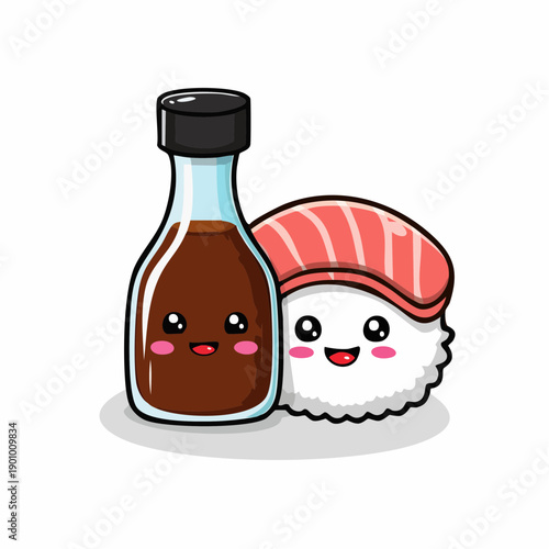 A cute cartoon illustration of a happy soy sauce bottle standing next to a smiling salmon nigiri sushi on a white background.