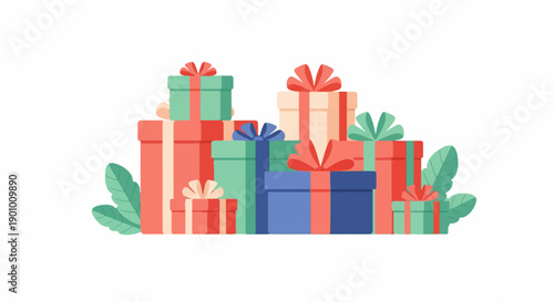 A vibrant collection of gift boxes with decorative ribbons and leaves