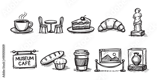 Hand-drawn illustration of museum and cafe related elements. Black and white doodle style. Perfect for branding, menus, websites, and illustrating travel guides and cultural events.