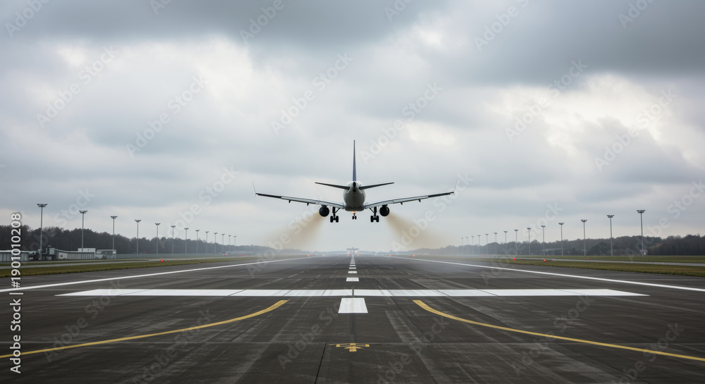 Obraz premium Airplane landing on runway front view under cloudy sky