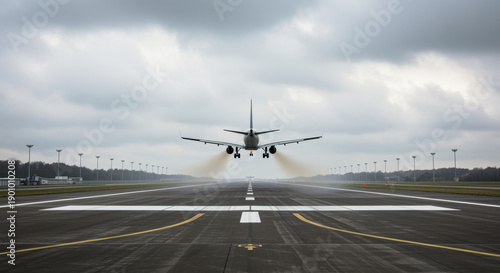 Airplane landing on runway front view under cloudy sky