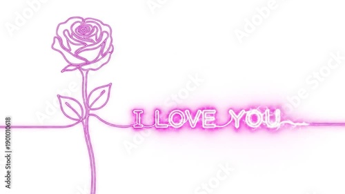 Pink Neon Rose Drawing Becoming I Love You Lettering - Valentine's Day
