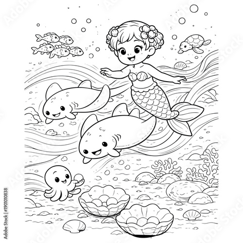 Little Sea Fairy Swimming with Fish Coloring Page, Whimsical Fantasy