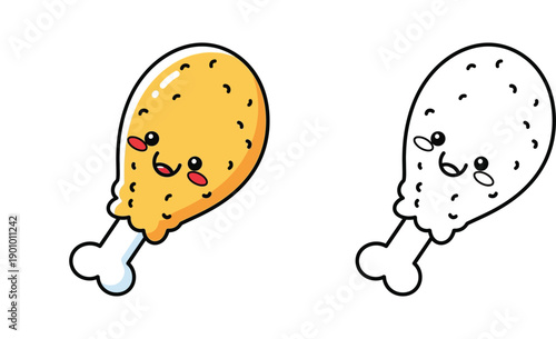 Cute cartoon fried chicken drumstick vector illustration with happy face. Kawaii fast food character isolated on white background. Golden crispy poultry meat snack icon.