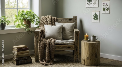 Cozy Reading Nook with Rustic Wooden Armchair, Potted Plants, and Botanical Art in a Sunlit Home Interior