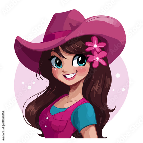 Cute vector illustration of a smiling girl wearing a pink cowgirl hat with flowers. Beautiful cartoon character portrait isolated on white.