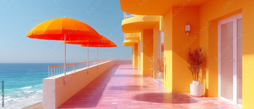 Fototapeta premium Sunny Orange Beachfront Balcony With Bright Umbrellas Overlooking Ocean And Golden Terrace, Colorful Resort