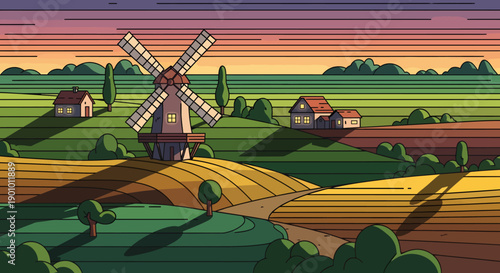 Charming countryside illustration with a classic windmill overlooking vast agricultural fields and quaint farmhouses under a serene sunset or sunrise sky