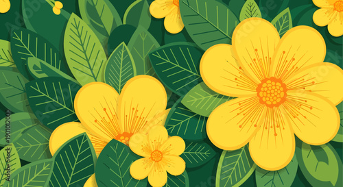 Vibrant and cheerful illustration of yellow flowers blooming amongst lush green leaves, creating a beautiful and refreshing natural background perfect for spring and summer themes