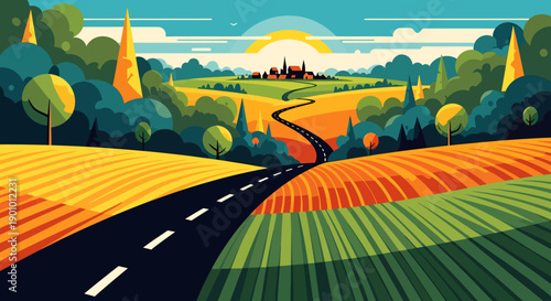 Vibrant vector illustration of a scenic rural European landscape at sunrise, featuring a winding road through golden fields leading to a charming distant village