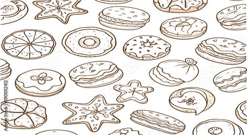 Hand Drawn Bakery Pastries Pattern with Donuts Cookies and Macarons in Vintage Sketch Line Art Style