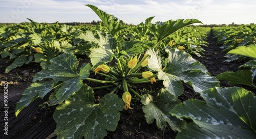 Lush Zucchini Plants with Yellow Blossoms Thriving in a Sunny Agricultural Field