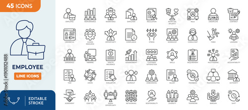 Employee line editable icon set. Contain icons related to Employee, worker, human resource, and more. Editable stroke. Vector illustration