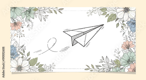 Hand-drawn paper airplane soaring gracefully through a delicate floral frame, symbolizing dreams, creative journeys, and heartfelt messages