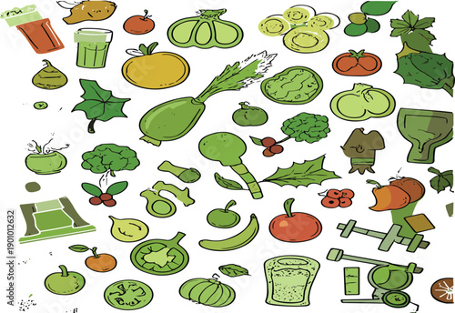Hand drawn healthy lifestyle doodle vector set with green vegetables, fruits, smoothies and fitness elements in cartoon style