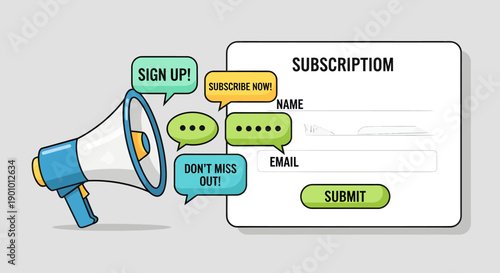 Boost engagement with this digital marketing concept featuring a megaphone announcing 'Sign Up!' and 'Subscribe Now!' next to an online subscription form for newsletter registration