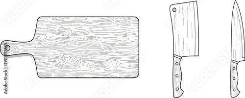 Hand Drawn Kitchen Tools Set with Wooden Cutting Board Cleaver and Chef Knife in Black and White Line Art Style
