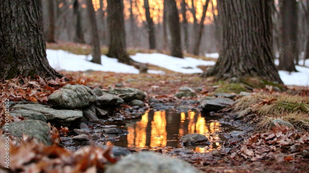 Obraz premium Tranquil Forest Stream Reflection - Golden Hour