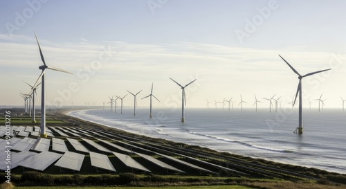 Panoramic View of Coastal Renewable Energy Infrastructure with Offshore Wind Turbines and Onshore Solar Panels Under a Bright Sky