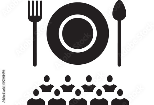 Restaurant icon with plate, fork and spoon above group of people symbol, minimal black silhouette pictogram for dining, catering service, menu and hospitality signage