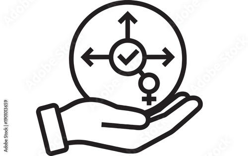 Gender identity icon held in open hand with transgender symbol arrows and check mark, black line pictogram for inclusivity, diversity, equality, and LGBTQ rights