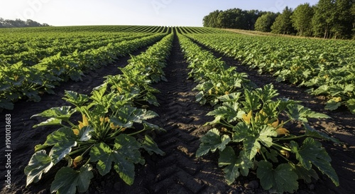 Expansive agricultural field with neat rows of vibrant green zucchini plants and yellow blossoms under a clear sky, stretching towards a distant treeline, showcasing a healthy summer crop.