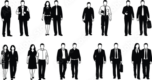 Business professional silhouette icon set, twelve diverse men and women in corporate attire with briefcases and gestures, black vector illustration, workplace and diversity theme, isolated background