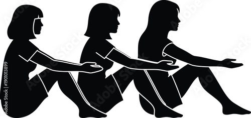 Human growth silhouette icon set, child to adult progression sitting pose, black vector illustration, aging and development theme, isolated on white background