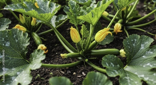 Lush Zucchini Plants with Green Fruits and Vibrant Yellow Flowers Growing in a Fertile Garden Bed, Captured in a Close-up Outdoor Shot