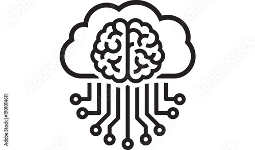 Cloud computing icon with brain and circuit lines, artificial intelligence and neural network concept, minimal black outline symbol for tech, data, SaaS and innovation