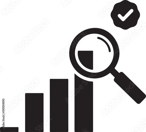 A graphic illustration of a magnifying glass over a bar chart with a checkmark