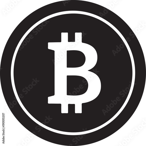 A black and white Bitcoin logo on a clean background