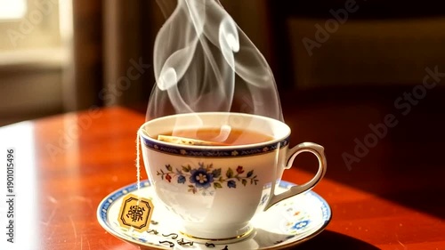 Steaming Cup of Tea on Wooden Table.