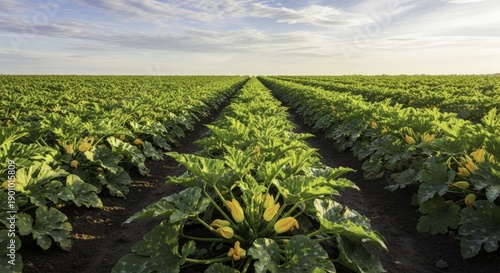 Vibrant Zucchini Field with Lush Green Plants and Bright Yellow Flowers Under a Clear Morning Sky, Stretching Towards the Horizon