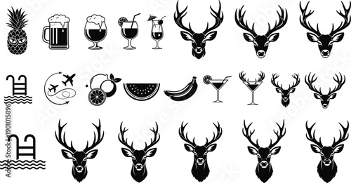 Stylized black-and-white icons of drinks, deer heads, travel symbols, and tropical fruits, ideal for branding, vacation design, bar menus, and themed illustrations.