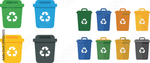  Colorful recycling bins with white recycle symbol trash can