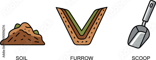 Illustration of soil, furrow, and scoop for gardening and agriculture concepts