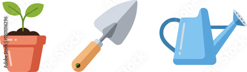 Gardening essentials: potted seedling, trowel, and watering can icons